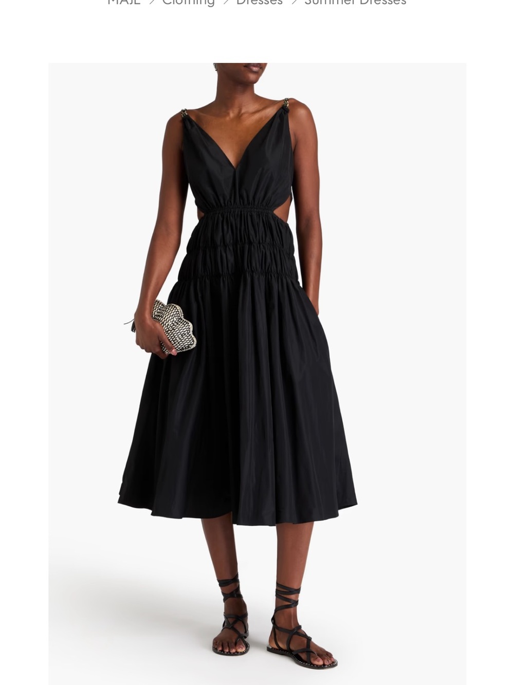 Maje Black Midi Dress with Smocked Waist and V-Neck